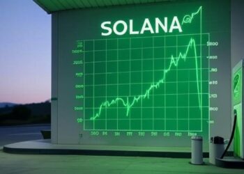 Solana en una gasolinera con gráficas en verde.