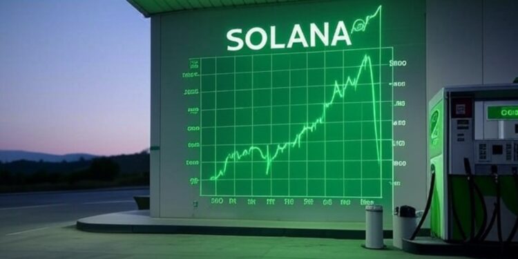 Solana en una gasolinera con gráficas en verde.