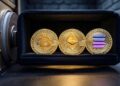 Una bóveda con monedas de bitcoin, ether y solana.