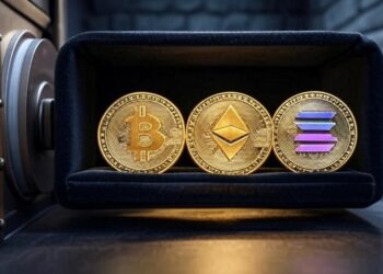 Una bóveda con monedas de bitcoin, ether y solana.
