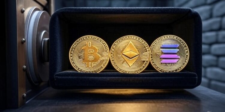 Una bóveda con monedas de bitcoin, ether y solana.