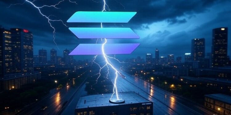 El logo de la criptomoneda Solana en medio de una tormenta.