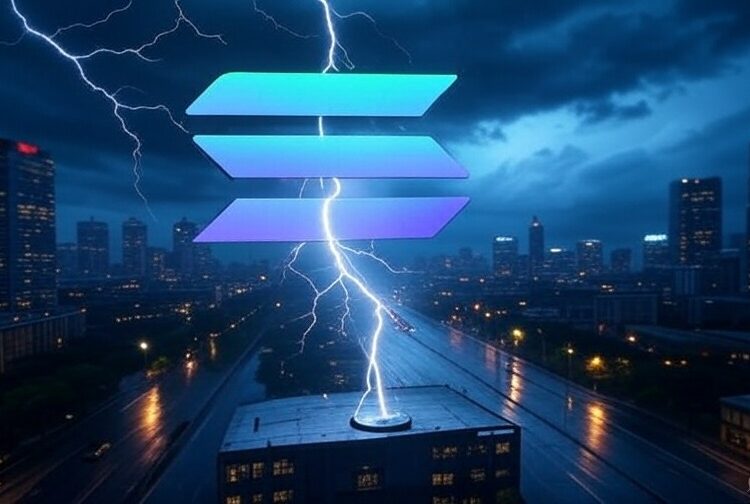 El logo de la criptomoneda Solana en medio de una tormenta.