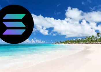 Una playa paradisiaca con el logo de SOL.