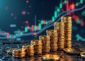 Gráfico de precios en el fondo y varios monedas representando el aumento de las stablecoins.