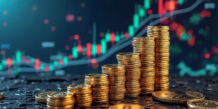 Gráfico de precios en el fondo y varios monedas representando el aumento de las stablecoins.