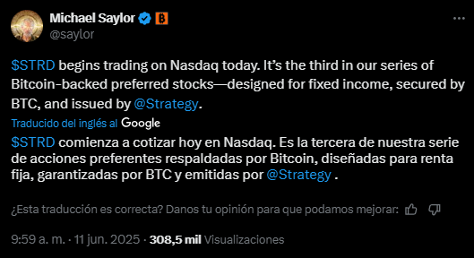 Publicación en X de Michael Saylor.