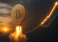 Moneda física de bitcoin subiendo como un cohete.