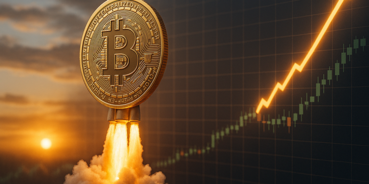 Moneda física de bitcoin subiendo como un cohete.