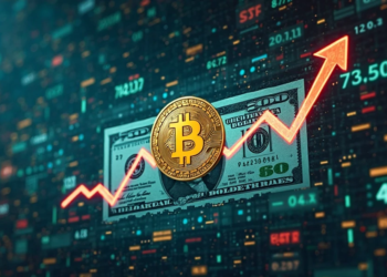 moneda de bitcoin y detrás un billete de dólar.