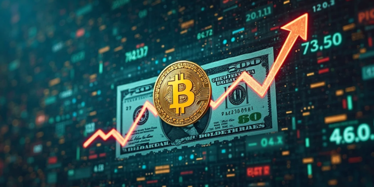 moneda de bitcoin y detrás un billete de dólar.