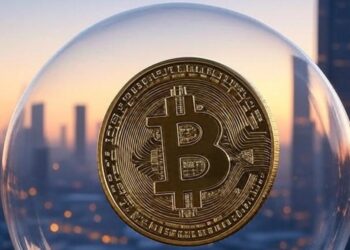 un bitcoin envuelto en una burbuja, con una ciudad al fondo