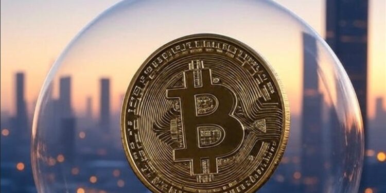 un bitcoin envuelto en una burbuja, con una ciudad al fondo