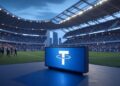 estadio de fútbol con un logo de Tether.