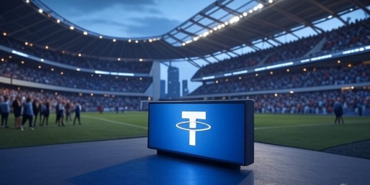 estadio de fútbol con un logo de Tether.