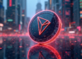 Moneda de Tron con un fondo urbano moderno.