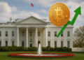 Casa blanca y moneda de bitcoin.