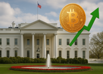 Casa blanca y moneda de bitcoin.