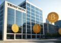 Edificio de Trump Media con bitcoin alrededor.