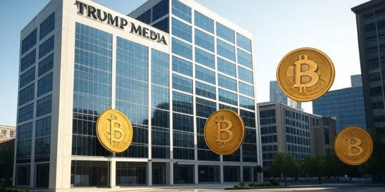 Edificio de Trump Media con bitcoin alrededor.