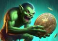 un troll verde atacando a bitcoin, estilo frank frazzeta