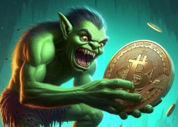 un troll verde atacando a bitcoin, estilo frank frazzeta