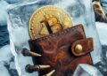 una wallet de bitcoin en un bloque de hielo, estilo era glacial