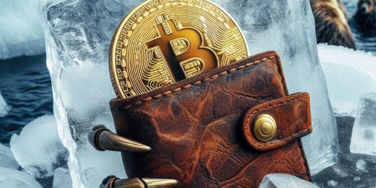 una wallet de bitcoin en un bloque de hielo, estilo era glacial