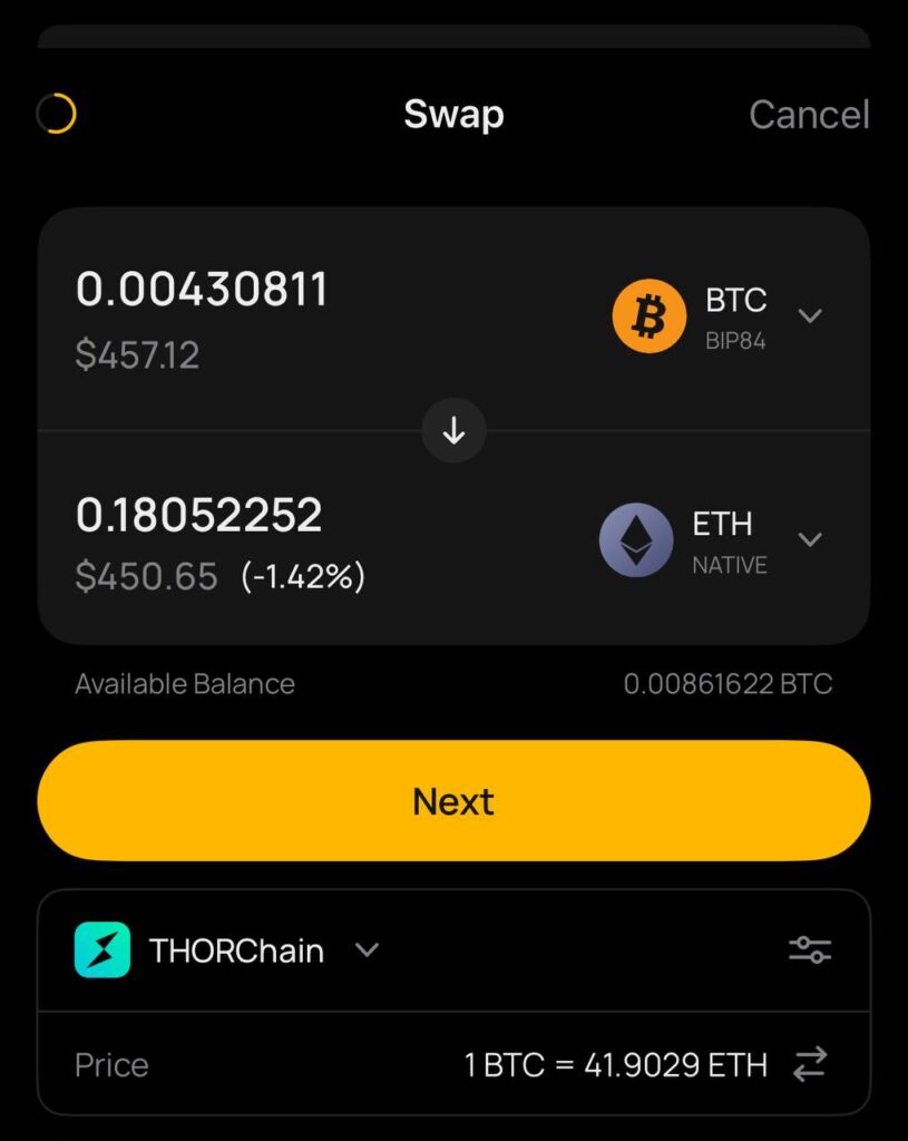 Imagen del DEX en Unstoppable de THORChain
