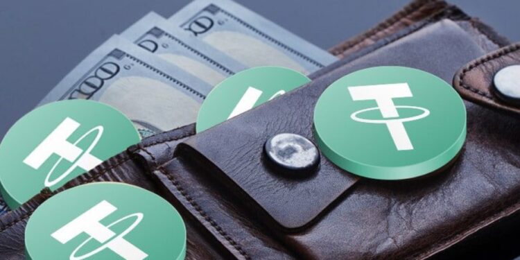 Una cartera con dólares y USDT en un escritorio.