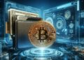 Una wallet de Bitcoin junto a una moneda de BTC.