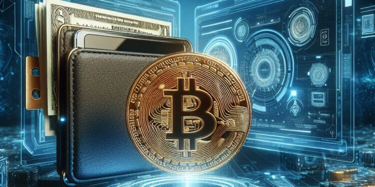 Una wallet de Bitcoin junto a una moneda de BTC.