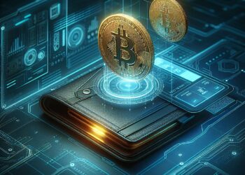 Un monedero junto a una moneda de BTC.