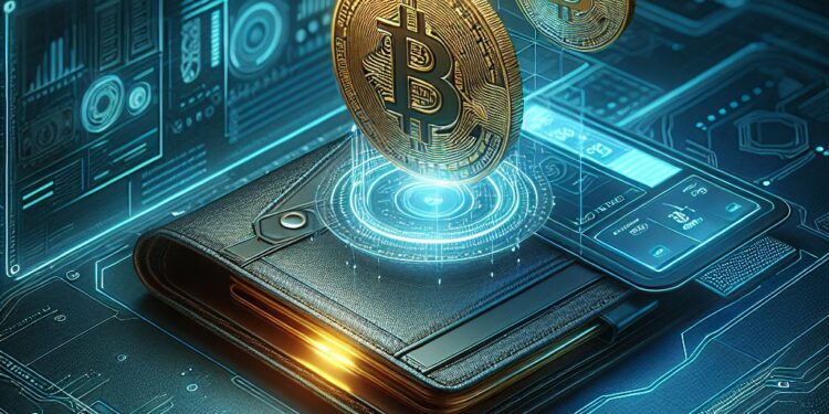 Un monedero junto a una moneda de BTC.
