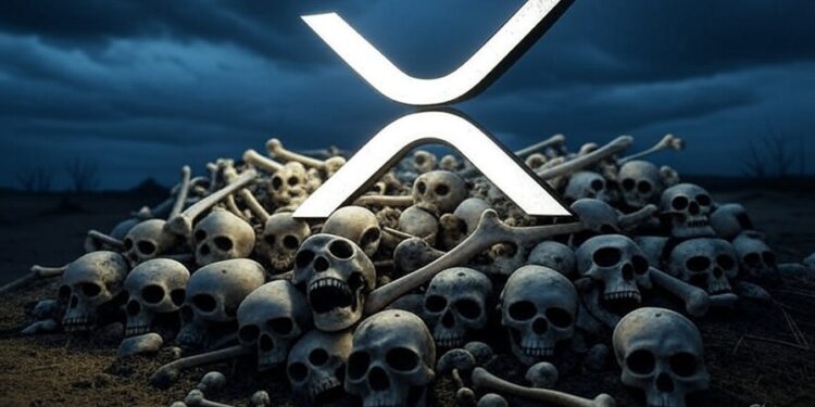 El logo de XRP sobre una montaña de calaveras y huesos.