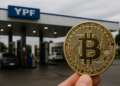 Moneda de bitcoin delante de una estación de servicio YPF.