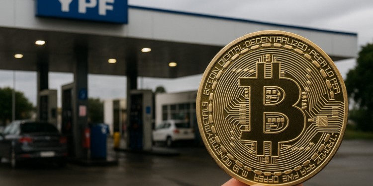 Moneda de bitcoin delante de una estación de servicio YPF.