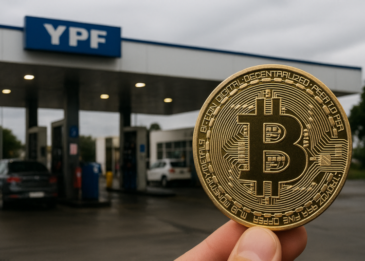 Moneda de bitcoin delante de una estación de servicio YPF.