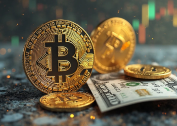 moneda de bitcoin encima de dólares.