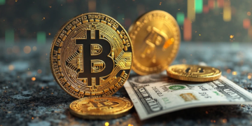 moneda de bitcoin encima de dólares.