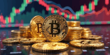 monedas de bitcoin con un fondo bursátil.