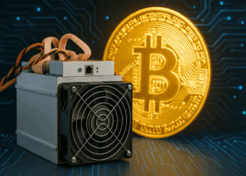 Un ASIC junto a una moneda de BTC.