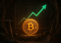 Una moneda de BTC en una cueva minera.