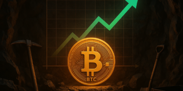 Una moneda de BTC en una cueva minera.