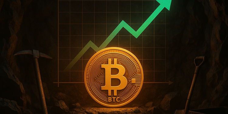 Una moneda de BTC en una cueva minera.