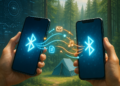 2 teléfonos móviles conectados en un bosque.