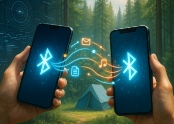 2 teléfonos móviles conectados en un bosque.