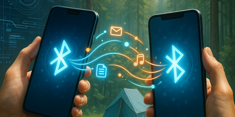 2 teléfonos móviles conectados en un bosque.