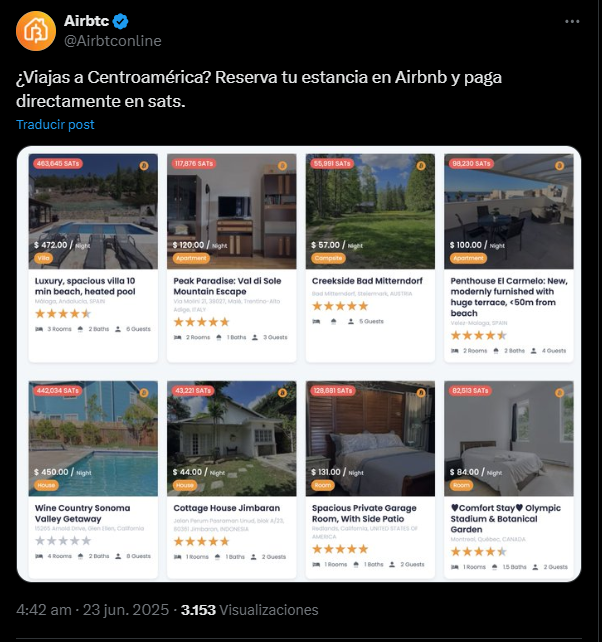 Alternativas de alojamiento que ofrece la plataforma Airbtc, como Airbnb, pero con pagos en bitcoin.