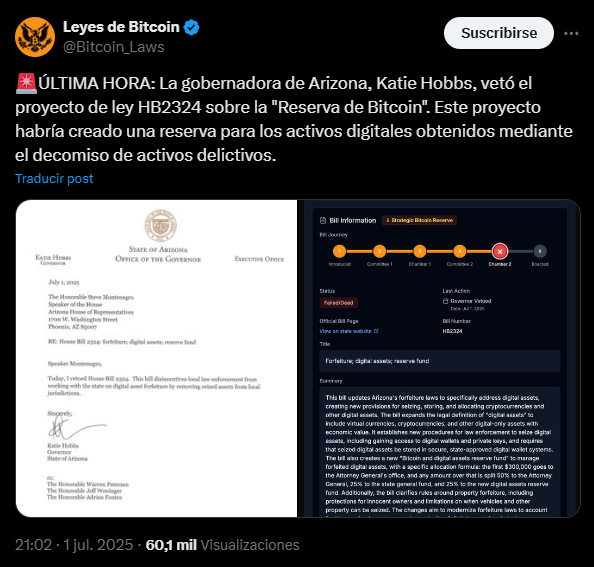 Comunicado de la gobernadora de Arizona sobre su decisión de vetar un nuevo proyecto de ley relacionado con bitcoin.